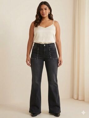 NWT Vigoss Black Mid-Rise Wide-Leg Stretch Jeans with Studded Pockets